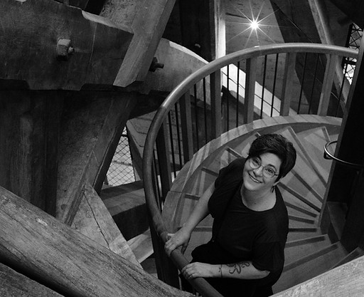 Shanna in spiral stairwell
