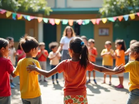 Crianças em roda dançando brincadeiras folclóricas coloridas em uma escola