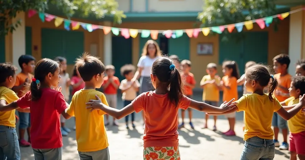 Crianças em roda dançando brincadeiras folclóricas coloridas em uma escola
