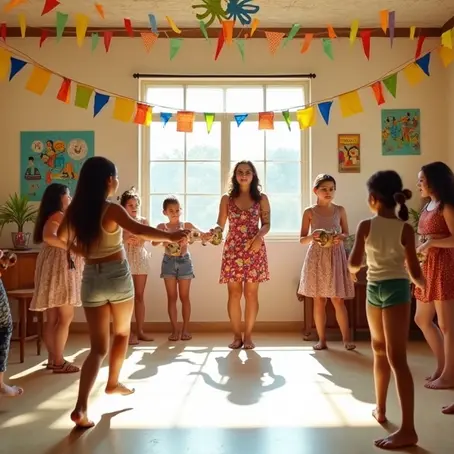 Grupo dançando coco em sala pequena com pandeiros e cores vibrantes 