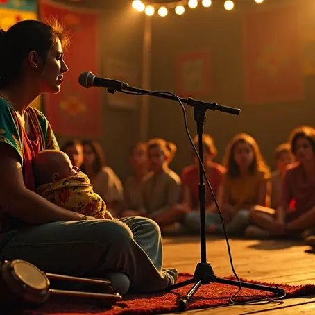 Cantora sentada em palco intimista embalando bebê ao som de acalanto em evento cultural 