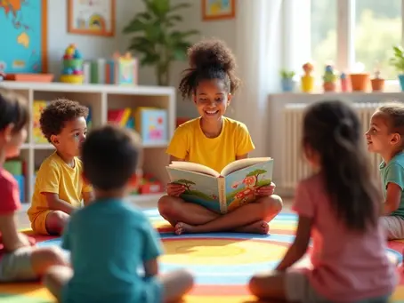 Crianças em roda ouvindo uma educadora contar uma história com um livro ilustrado