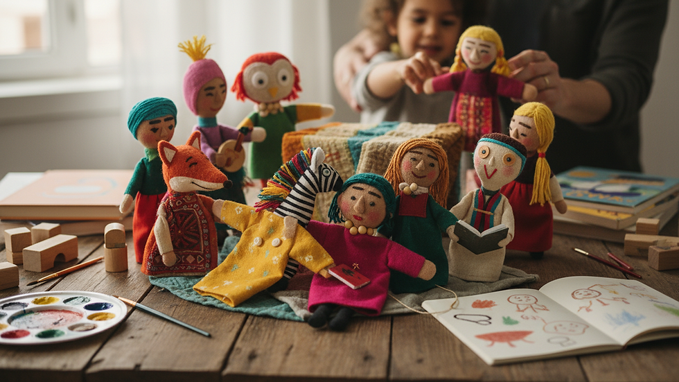 Close-up view of colorful handmade puppets arranged on a table