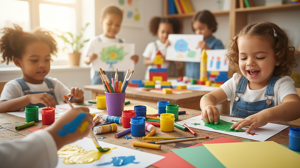 Close-up de materiais artísticos coloridos usados em oficina para crianças