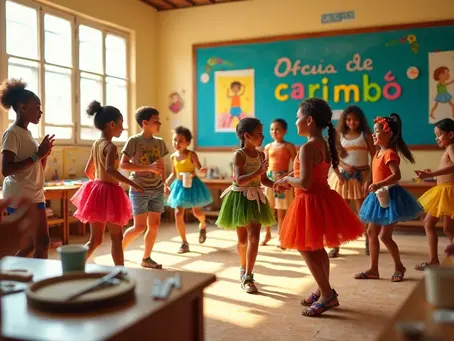Estudantes exploram ritmo e movimento em oficina escolar sobre carimbó