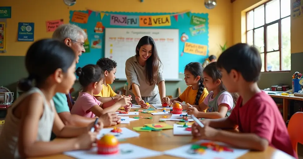 Famílias participando de atividade cultural na escola com crianças e professores