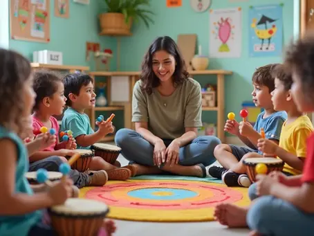Crianças pequenas em roda tocando instrumentos musicais simples em sala de aula colorida 