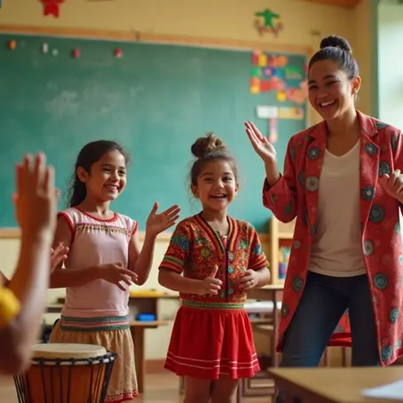 Crianças e educador participando de oficina cultural de Carimbó com instrumentos e roupas típicas 