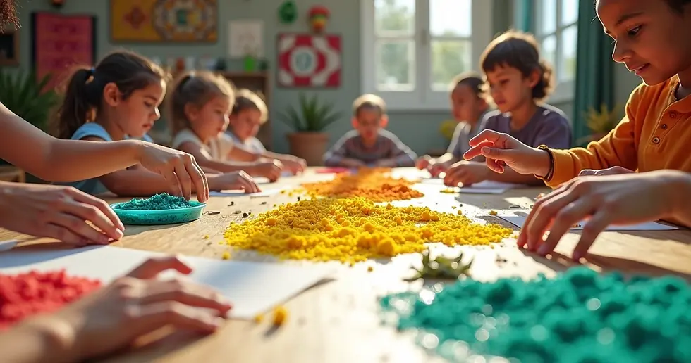 Mesa coletiva com materiais de arte sensorial coloridos em diferentes texturas