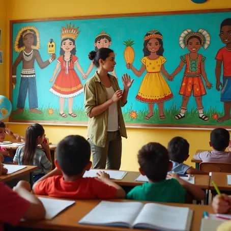 Professora em sala de aula mostrando painel de folclore brasileiro para crianças sentadas em roda