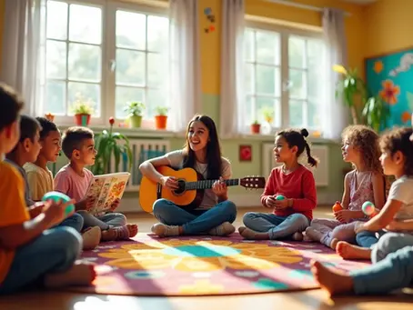 Crianças e educadora em roda contando história com violão e instrumentos musicais