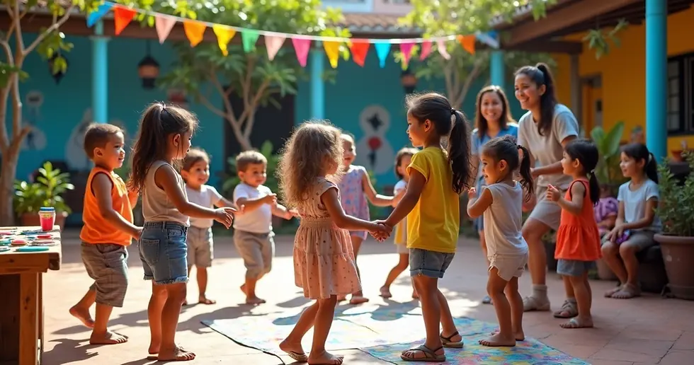 Crianças de idades diferentes brincando juntas em roda com música e arte
