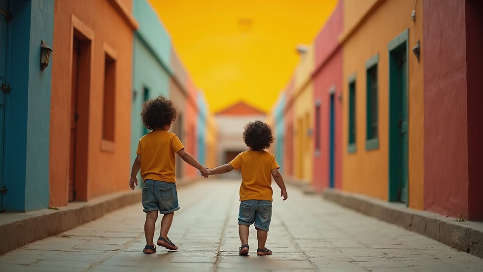 Vista frontal de palco colorido com crianças interagindo em peça teatral