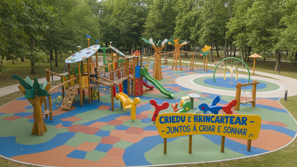 Wide angle view of a colorful playground in a green park
