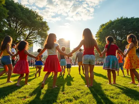 Pessoas de diferentes idades participando de uma ciranda em um parque