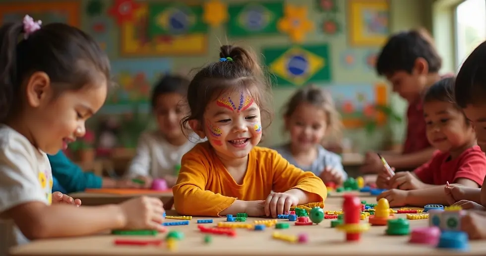 Criança participando de oficina cultural com pintura facial e brinquedos artesanais coloridos