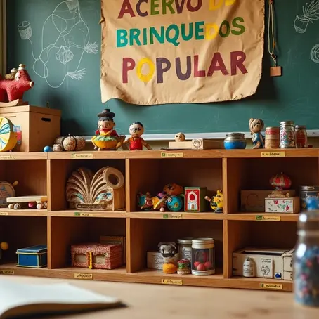 Estante escolar colorida organizada com brinquedos populares artesanais variados 