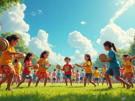 Crianças e adultos participam de recreação infantil ao ar livre