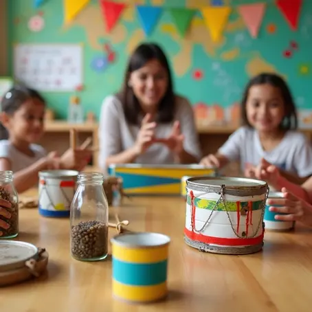 Crianças tocando instrumentos musicais feitos com materiais recicláveis em sala colorida