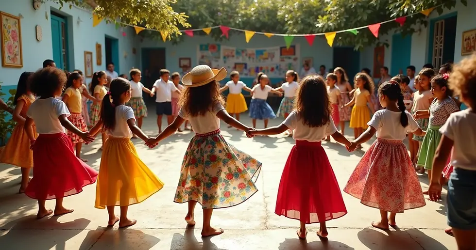 Crianças e adultos dançando cacuriá, ciranda e carimbó em festa escolar colorida
