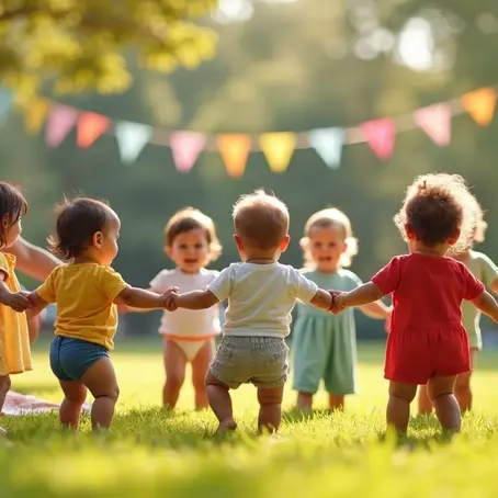 Bebês e crianças pequenas de mãos dadas brincando de ciranda ao ar livre