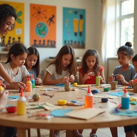 Roda de crianças e adultos criando brinquedos recicláveis em oficina cultural colorida