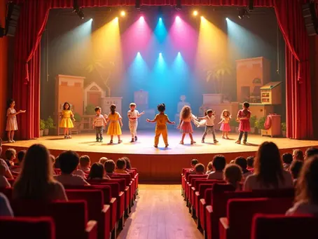 Crianças assistindo a peça infantil colorida em teatro de São Paulo 