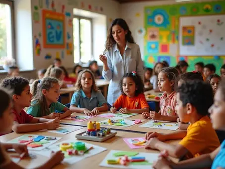 Turma grande de crianças participando de oficina cultural em sala ampla com decoração folclórica