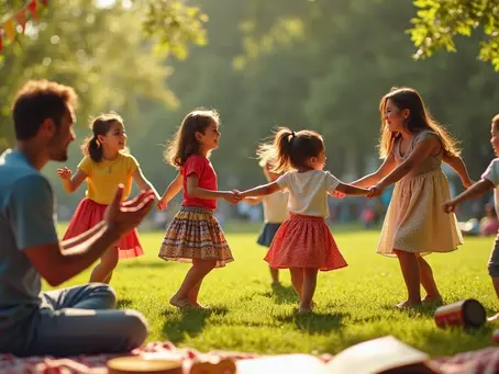Família brincando de roda com elementos do folclore brasileiro ao ar livre