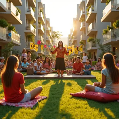 Famílias e crianças participando de ação cultural em condomínio ao ar livre
