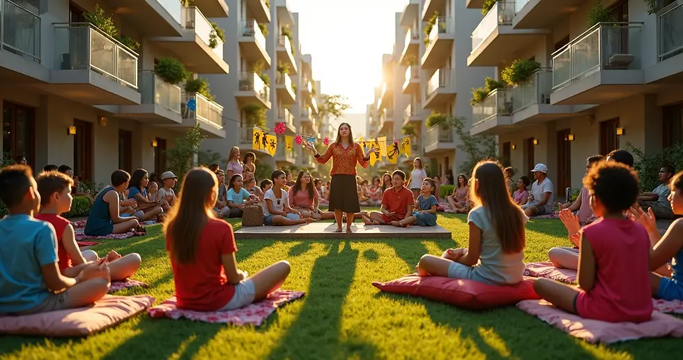 Famílias e crianças participando de ação cultural em condomínio ao ar livre