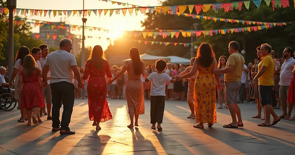 Grupo em roda de ciranda ao ar livre celebrando o lazer cultural coletivo 