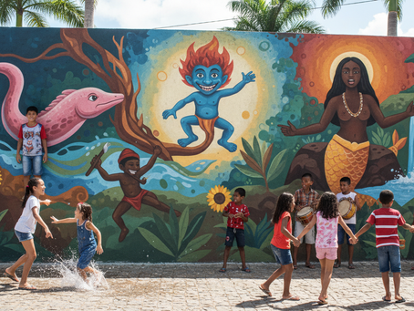 Turma participando de projeto cultural na escola com pesquisa e criação coletiva