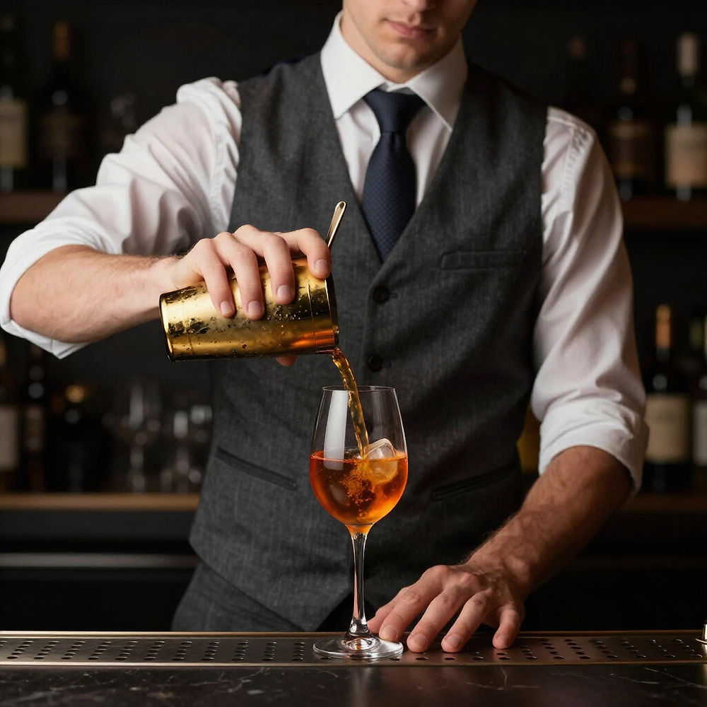 Bartender pouring cocktail, mobile bar service