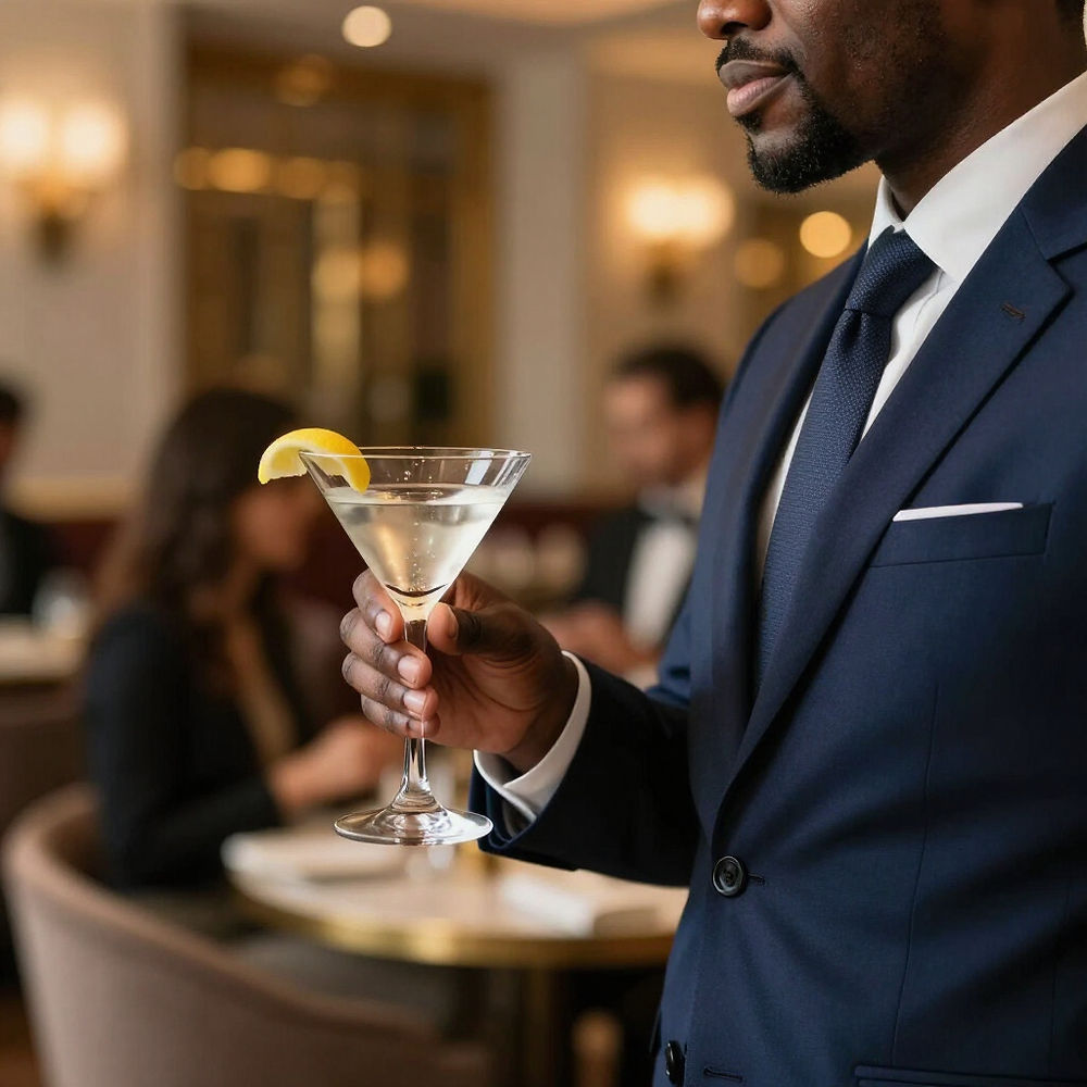 Man in suit holds martini in elegant bar