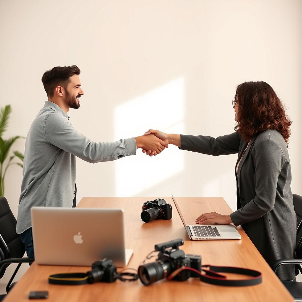Two creators shaking hands with a brand manager in a modern co-working space, minimalist n