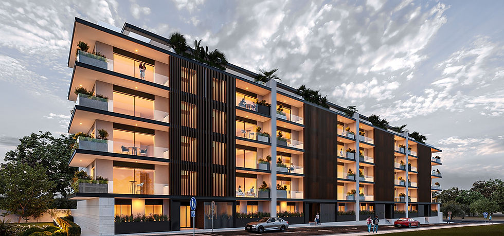 Full exterior view of Alma Montijo residential building – modern architecture with clean lines and balanced proportions.