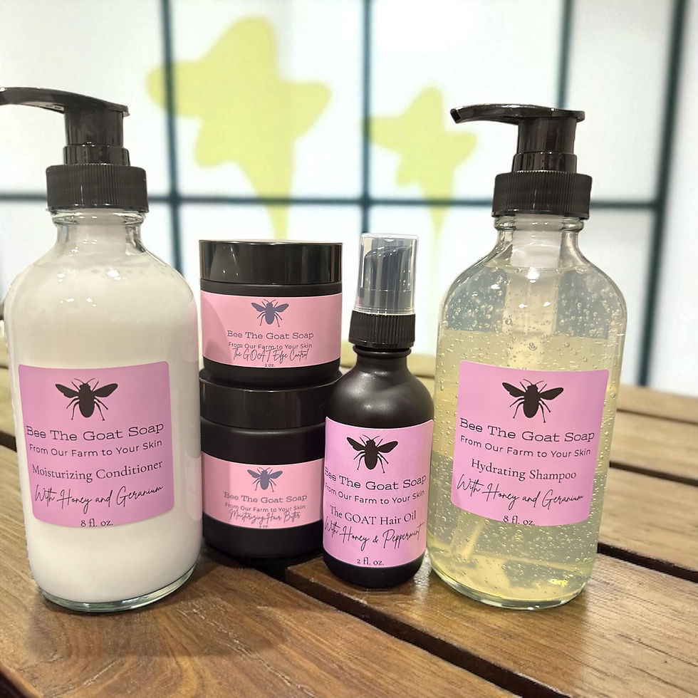 Bee The Goat skincare bundle: lotion, scrub, spray, and cleanser