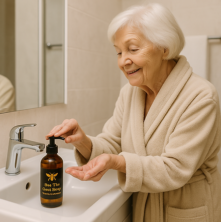 Elderly woman using Bee The Goat hand soap