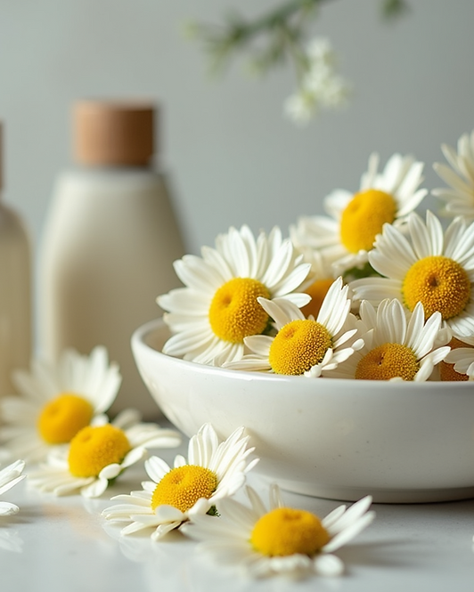 Chamomile flowers and natural skincare products