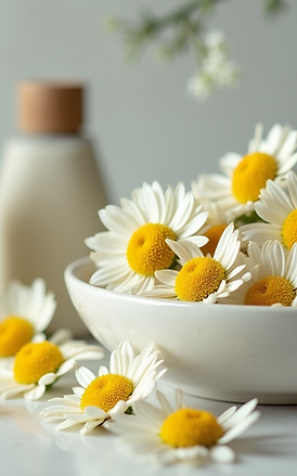 Chamomile flowers and natural skincare products