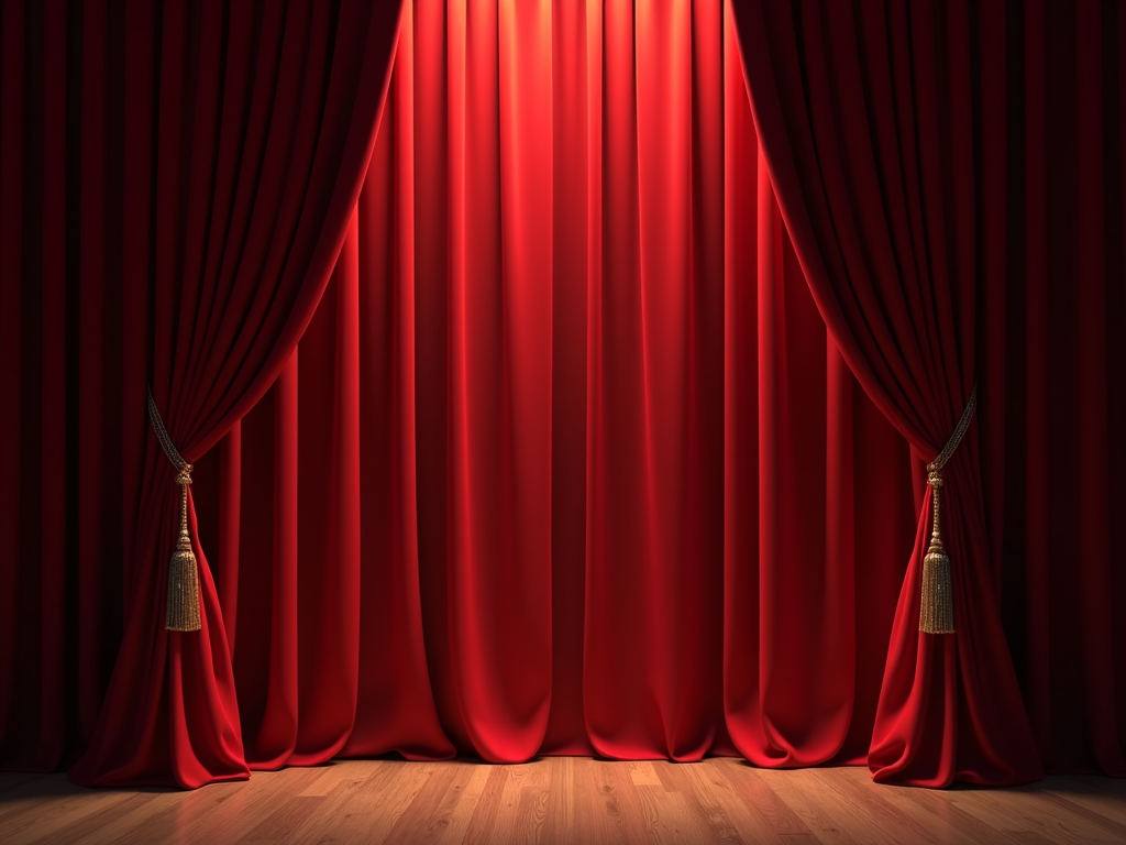 Elegant red theatre curtains with gold tassels under dramatic atmospheric lighting.