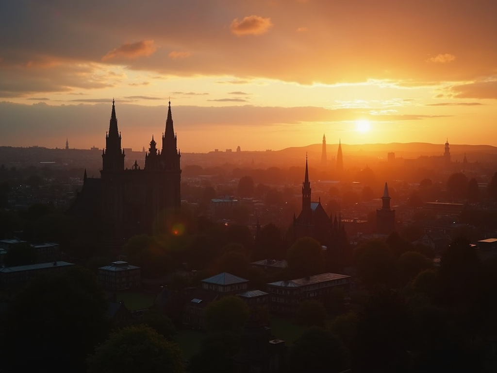 A dramatic aerial view of Glasgow Necropolis at sunset featuring Victorian monuments and urban landscape