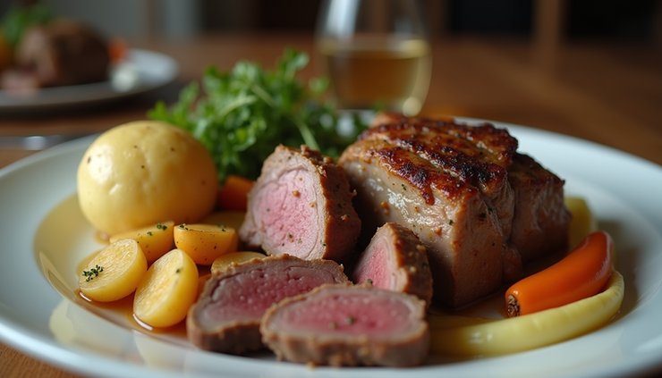 Close-up view of a traditional Sunday roast dinner plate with meat, potatoes, and vegetables