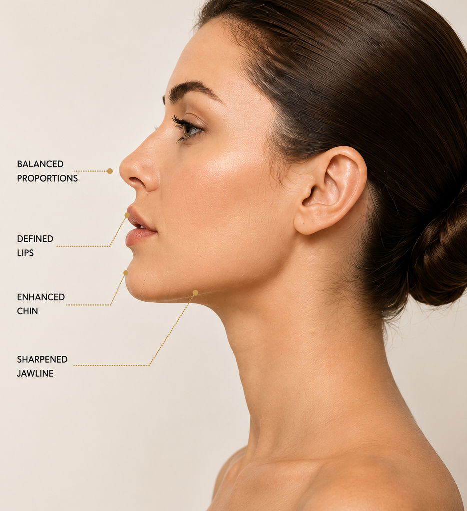 Profile balancing: defined lips, enhanced chin, sharpened jawline