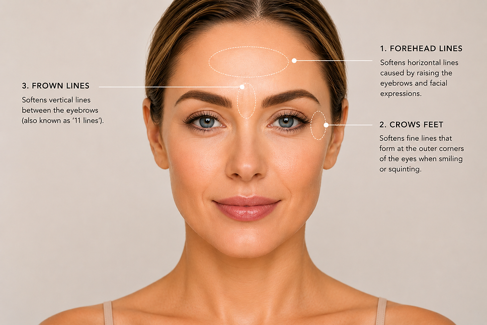 3 area anti wrinkle treatment showing forehead lines, frown lines and crow’s feet