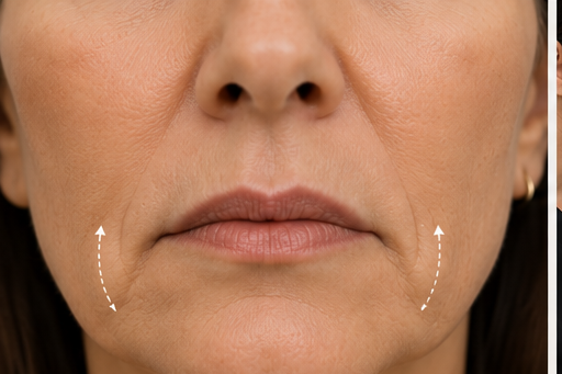Downturned smile with arrows indicating treatment