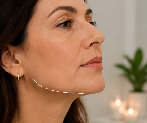 Woman's jawline with dashed line for Jawline Slimming