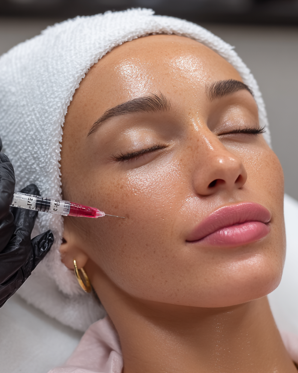 Woman receiving dermal filler injection in her cheek
