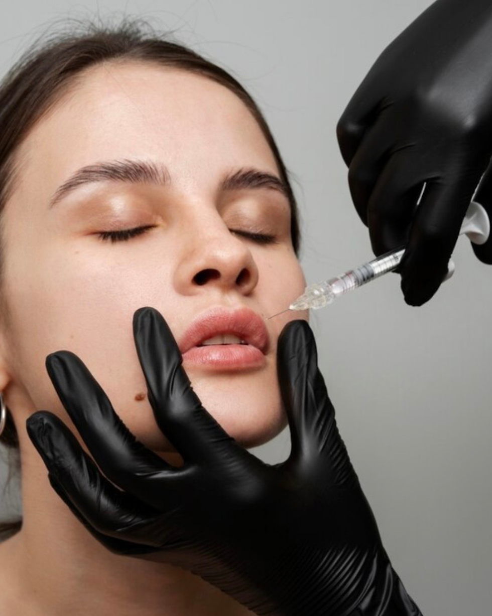 Close-up of a woman receiving a lip injection from gloved hands in a clinical setting, eyes closed and calm.